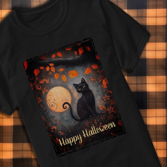 Camiseta Feliz Halloween Black Cat Full Moon Art Ornate (Happy Halloween Black Cat Full Moon Art Ornate Adult T-Shirt)