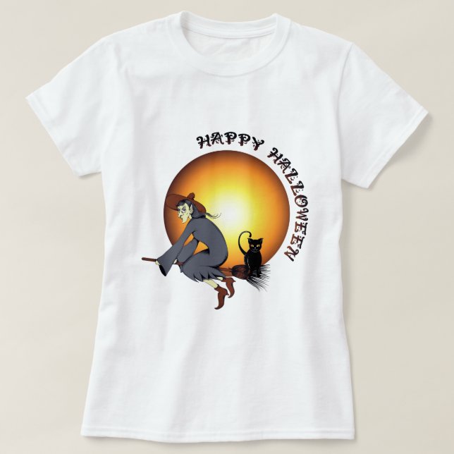 Camiseta Feliz Halloween Black Cat y Witch (Diseño del anverso)