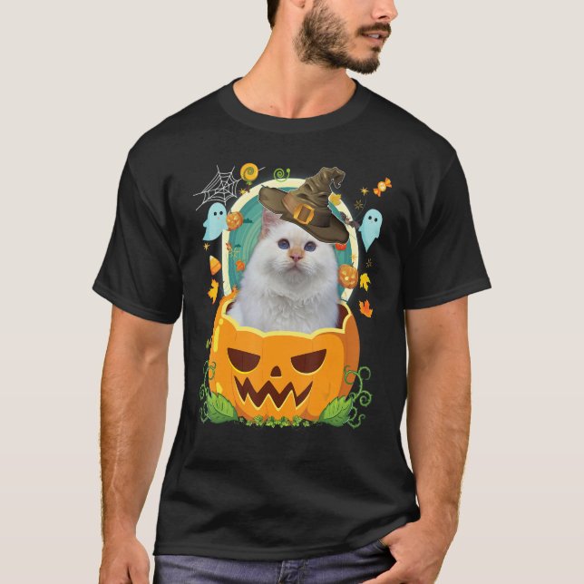 Camiseta Feliz Halloween Calabaza Angora Turca Gato Bruja C (Anverso)