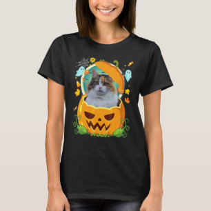 Camiseta Feliz Halloween Calabaza Gato Manx Bruja Gorro Bon