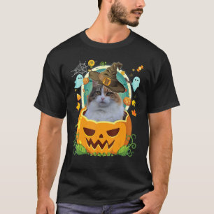 Camiseta Feliz Halloween Calabaza Gato Manx Bruja Gorro Bon