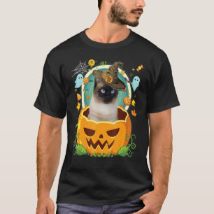 Camiseta Feliz Halloween Calabaza Gato Siames Bruja Sombrer