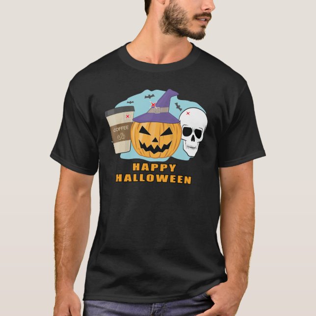 Camiseta Feliz Halloween - Calavera, calabaza y café espelu (Anverso)