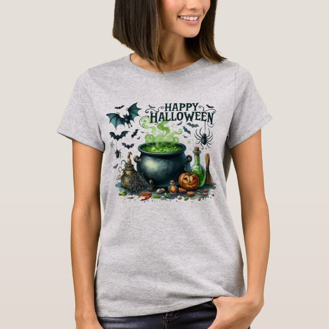 Camiseta Feliz Halloween Cauldron Bats Spider (Anverso)