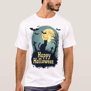 Camiseta Feliz Halloween con Gato en Cementerio -