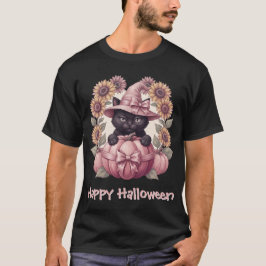 Camiseta Feliz Halloween Coquette Gato Negro y Calabaza Ros