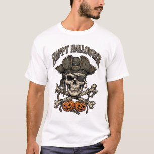 Camiseta Feliz Halloween Cráneo de Pirata Huesos Cruzados C