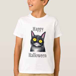 Camiseta Feliz Halloween Cuadros ojos amarillos de gato n