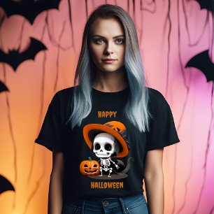 Camiseta Feliz Halloween Cute Kawaii Skeleton y Calabaza