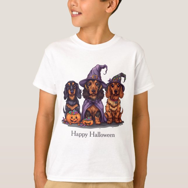 Camiseta Feliz Halloween Dachshund Perros Brujos (Anverso)