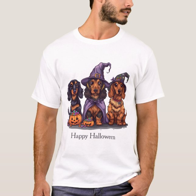 Camiseta Feliz Halloween Dachshund Perros Brujos (Anverso)