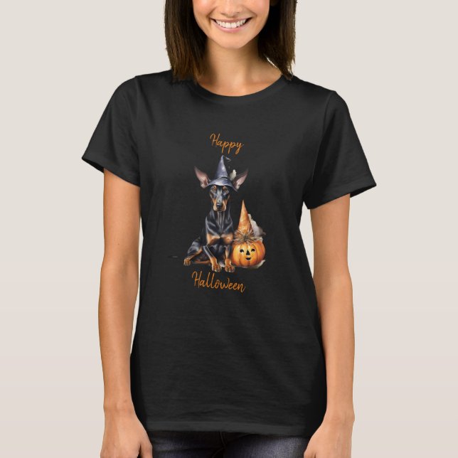 Camiseta Feliz Halloween Doberman Pinscher Bruja (Anverso)