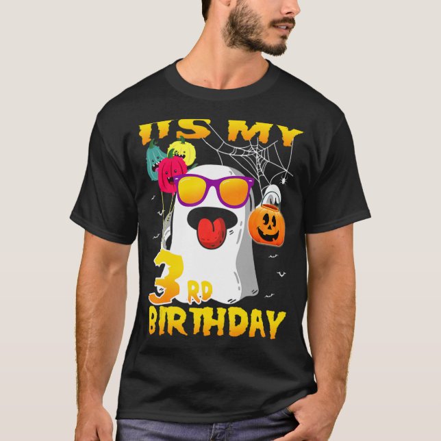 Camiseta Feliz Halloween es mi tercer cumpleaños, 3 años (Anverso)