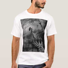Camiseta Feliz Halloween. Esqueleto sostenido por un esquel