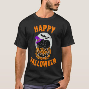 Camiseta Feliz Halloween Estampado de Leopardo Calabaza Gat