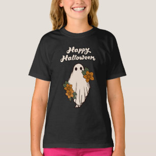 Camiseta Feliz Halloween Fantasma Lindo con Flores
