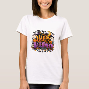 Camiseta Feliz Halloween Fantasmas Calabazas y Cráneos Tarj
