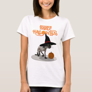 Camiseta Feliz Halloween. Gato con el gorra de bruja
