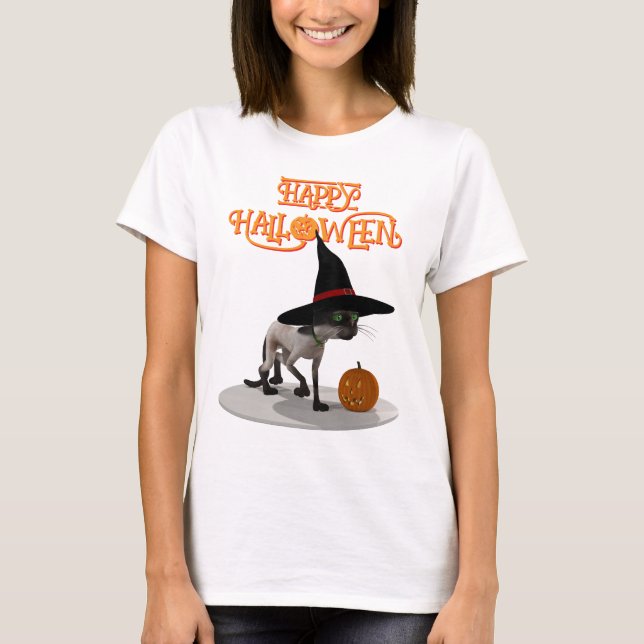 Camiseta Feliz Halloween. Gato con el gorra de bruja (Anverso)