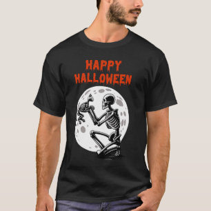 Camiseta Feliz Halloween Gato Esqueleto Luna Llena Bonito