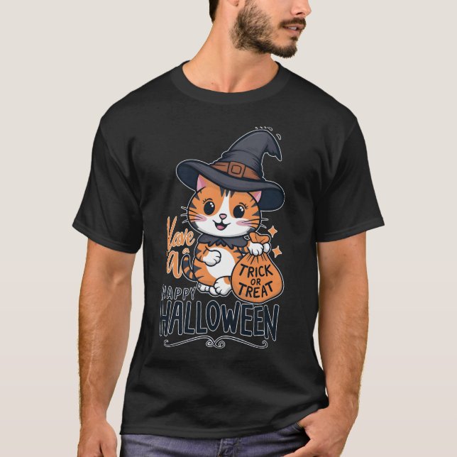 Camiseta Feliz Halloween - Gato lindo con truco o bolsa de  (Anverso)