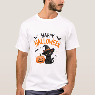 Camiseta Feliz Halloween Gato Negro Bruja Divertido Hallowe