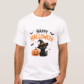 Camiseta Feliz Halloween Gato Negro Bruja Divertido Hallowe