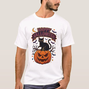 Camiseta Feliz Halloween Gato Negro Calabaza Murciélagos Lu