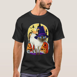 Camiseta Feliz Halloween Gato Siames Lindo Bruja Calabaza