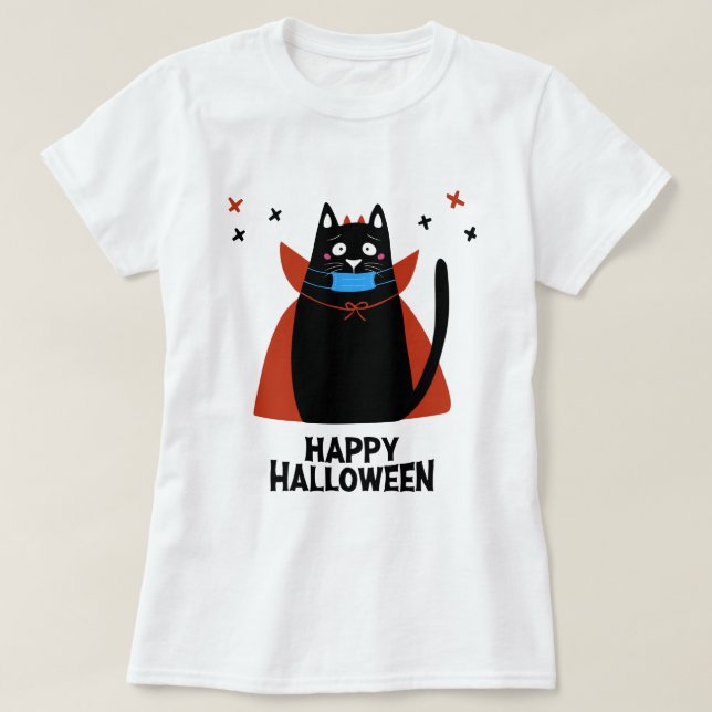 Camiseta Feliz Halloween | Gato Usando Una Máscara (Diseño del anverso)