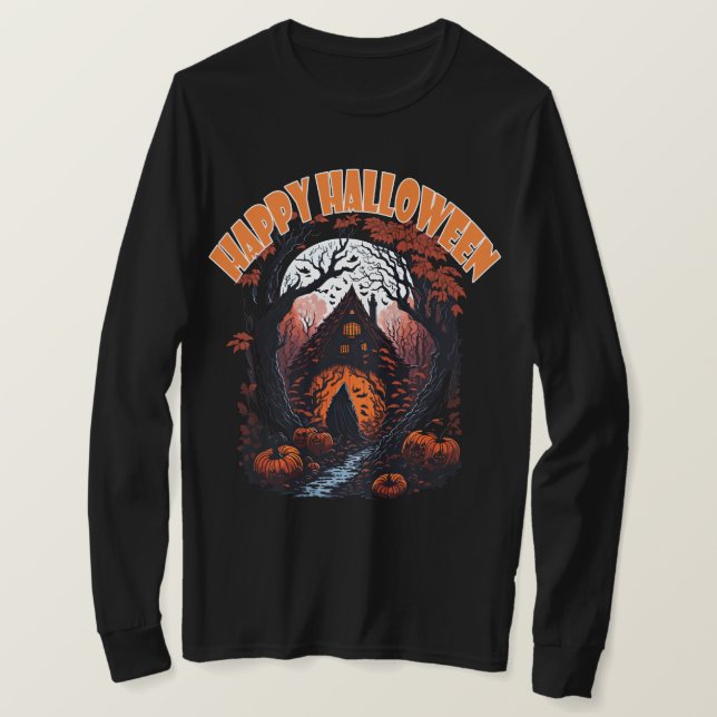 Camiseta Feliz Halloween Ghost House Personalizado Textos (Anverso del diseño)