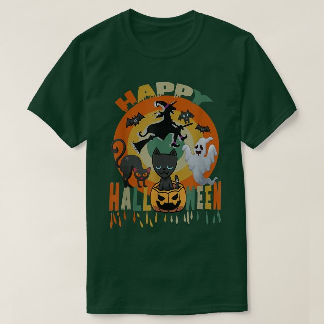Camiseta Feliz Halloween Gracioso Gato Negro Calabaza Bruja (Diseño del anverso)