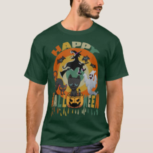 Camiseta Feliz Halloween Gracioso Gato Negro Calabaza Bruja