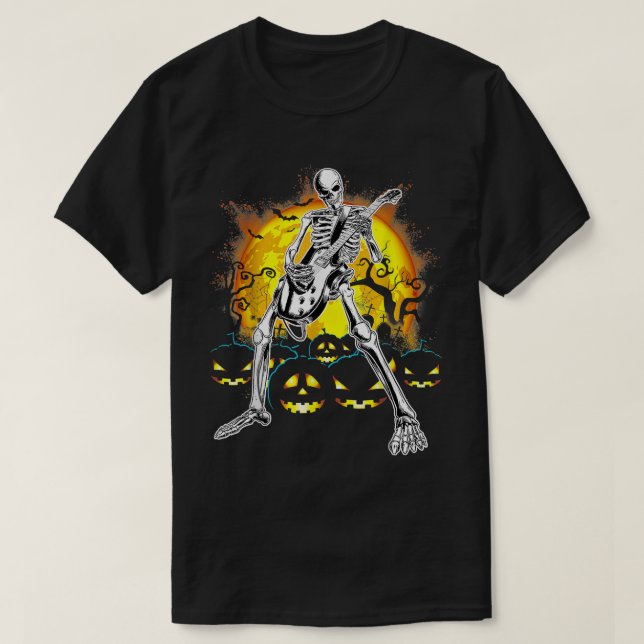 Camiseta Feliz Halloween Gracioso Skeleton Tocando Bomba De (Diseño del anverso)