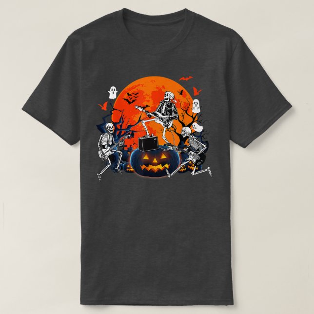 Camiseta Feliz Halloween Gracioso Skeleton Tocando Bomba De (Diseño del anverso)