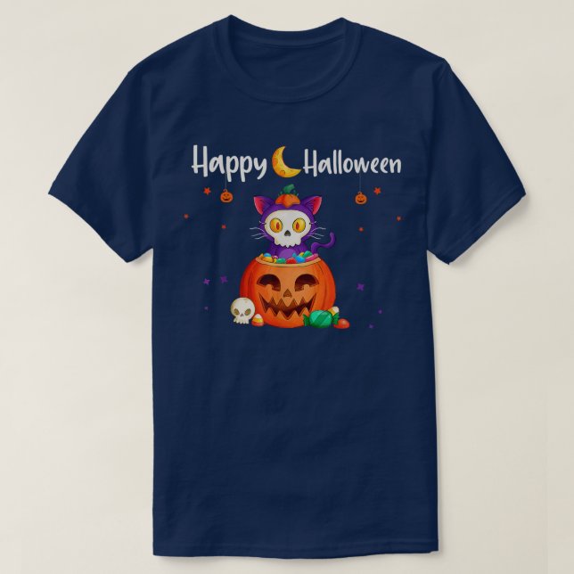 Camiseta Feliz Halloween JackOLantern Hal gracioso gato (Diseño del anverso)