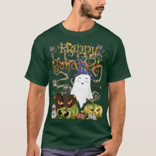 Camiseta Feliz Halloween Kawaii Bruja Fantasma Gatos Negros