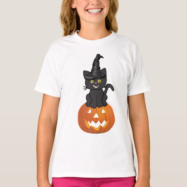 Camiseta feliz Halloween lindo gato y calabaza (Anverso)