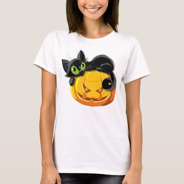 Camiseta feliz Halloween lindo gato y calabaza (Anverso)