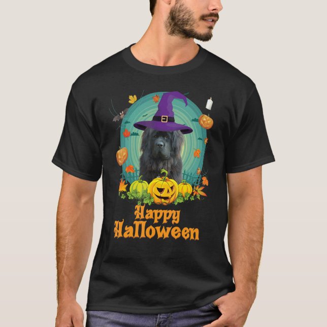 Camiseta Feliz Halloween Newfoundland Dog Pumpkin Witch Gho (Anverso)