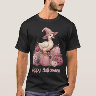 Camiseta Feliz Halloween Pato Bruja Rosa y Calabazas Rosas