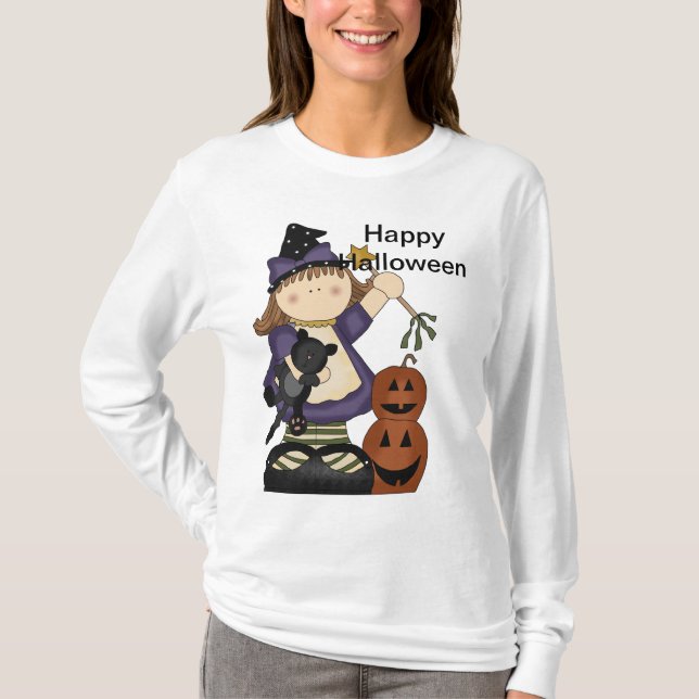 Camiseta Feliz Halloween Pequeña Bruja Larga Sleeve (Anverso)