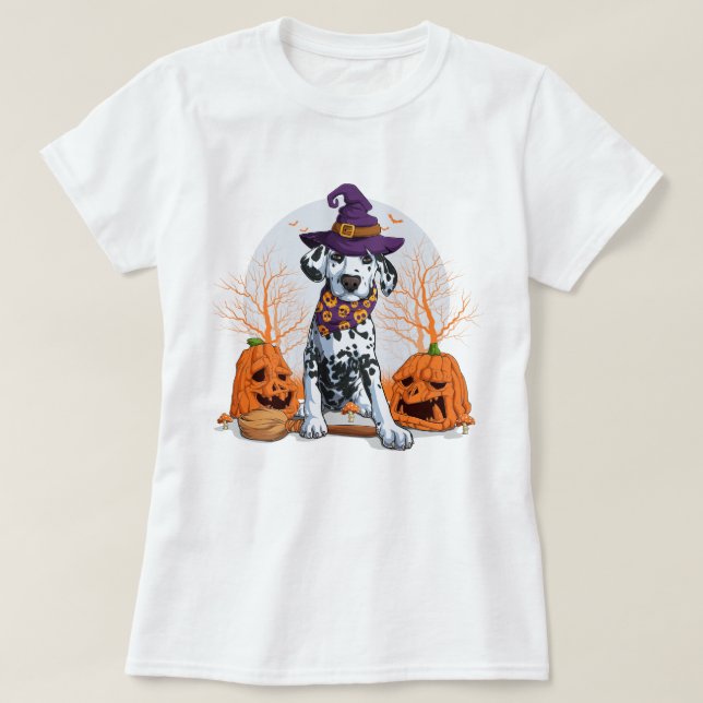 Camiseta Feliz Halloween | Perro de cachorro de bruja dálma (Diseño del anverso)