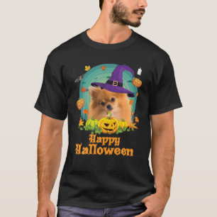Camiseta Feliz Halloween Pomeranian Dog Witch Pumpkin Ghost