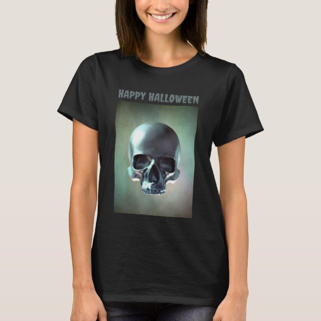 Camiseta Feliz Halloween. Renderizado de cráneo 3D (Anverso)