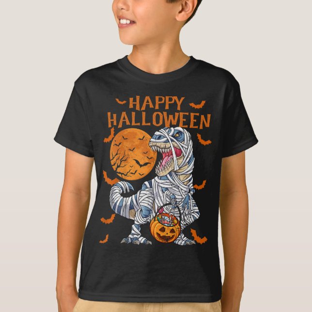 Camiseta Feliz Halloween Retro Dinosaurio Calabaza (Anverso)