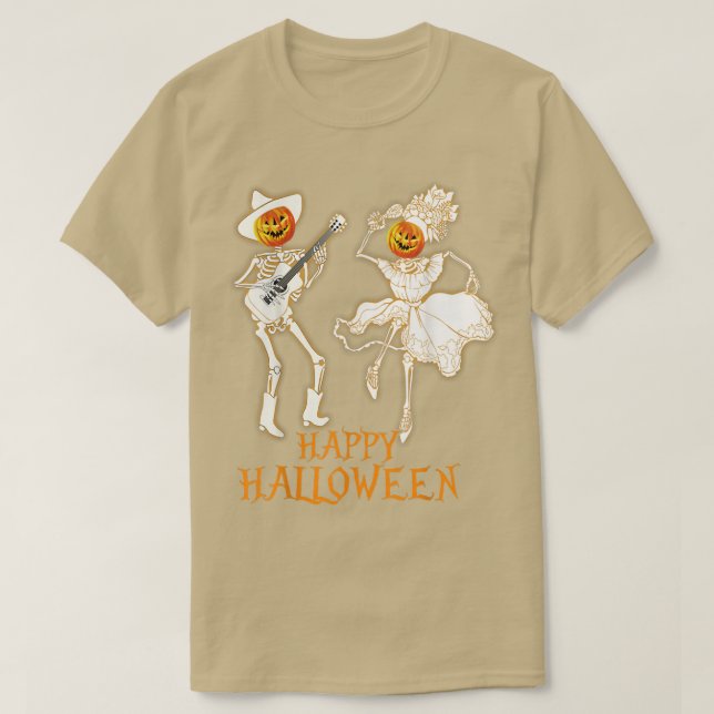 Camiseta Feliz Halloween Skeleton Pumpkin Tocando Guitarra  (Diseño del anverso)