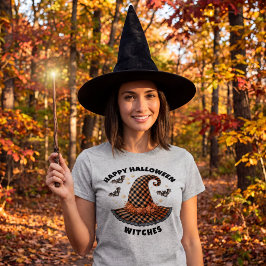Camiseta Feliz Halloween Sombrero de Brujas Cuadros Naranja