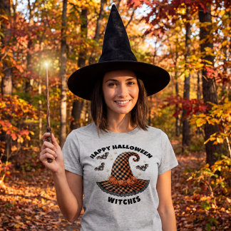 Camiseta Feliz Halloween Sombrero de Brujas Cuadros Naranja