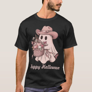 Camiseta Feliz Halloween Western Fantasma Rosa y Cosecha de